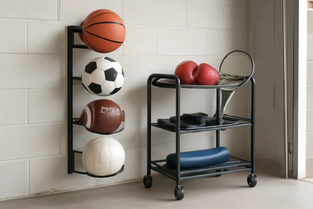 Editorial photograph of a wall-mounted ball storage rack next to a rolling equipment cart in a garage