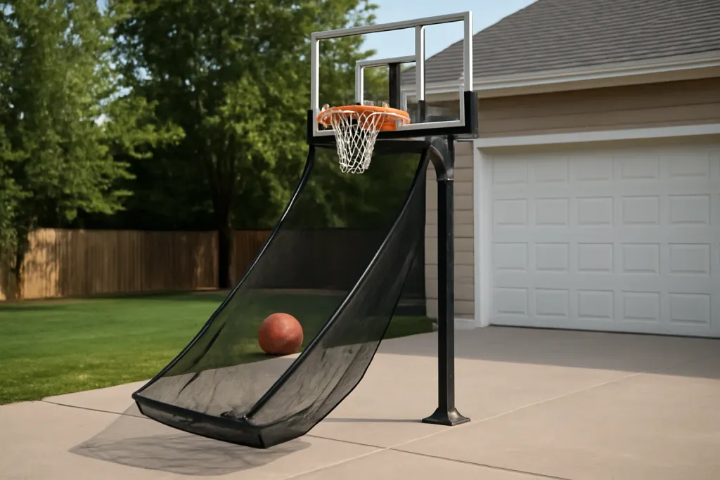 Editorial photograph of an unbranded basketball return net attached to a driveway hoop guiding a ball back to the shooter
