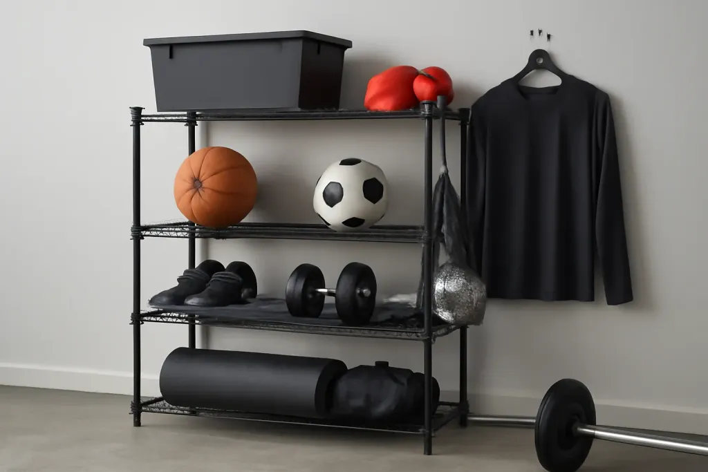 A second photo showing a related step or detail for bins vs open shelving sports gear