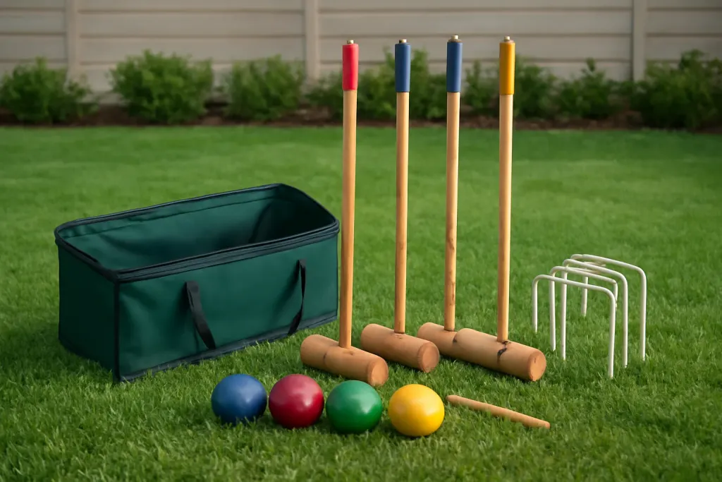 Editorial photograph of an unbranded croquet set with mallets and wickets arranged on a lawn beside an open carrying case