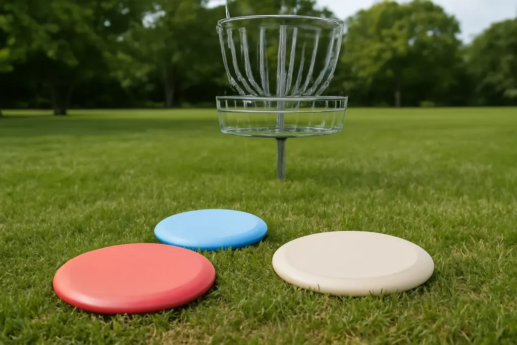 Editorial photograph of a beginner disc golf starter set of three discs spread on grass near a park practice basket