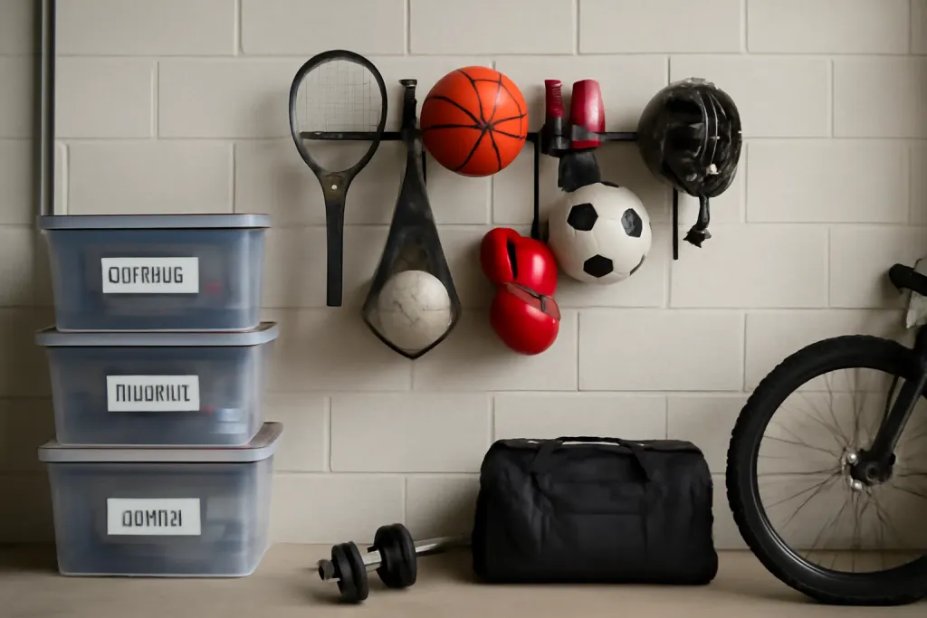 Editorial photograph of an organized garage corner with labeled storage bins and a wall rack holding sports gear