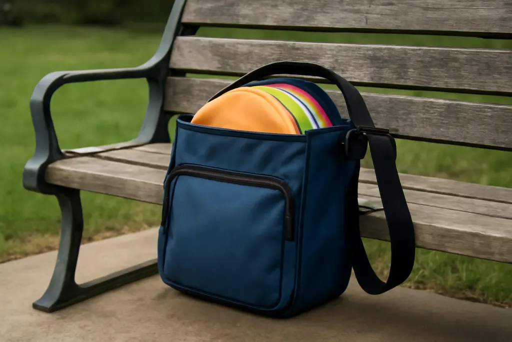 Editorial photograph of a small unbranded disc golf bag holding a handful of discs leaning against a park bench