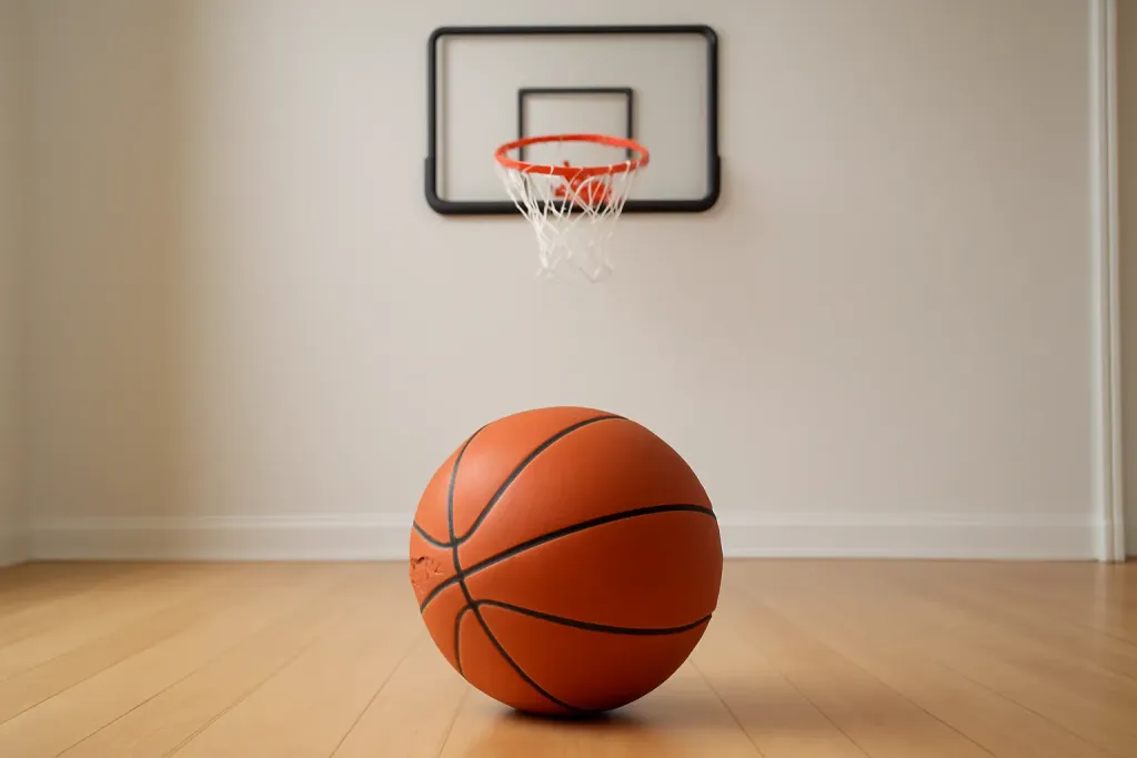 Editorial photograph of an unbranded low-bounce training basketball resting on a hallway floor near a small indoor hoop