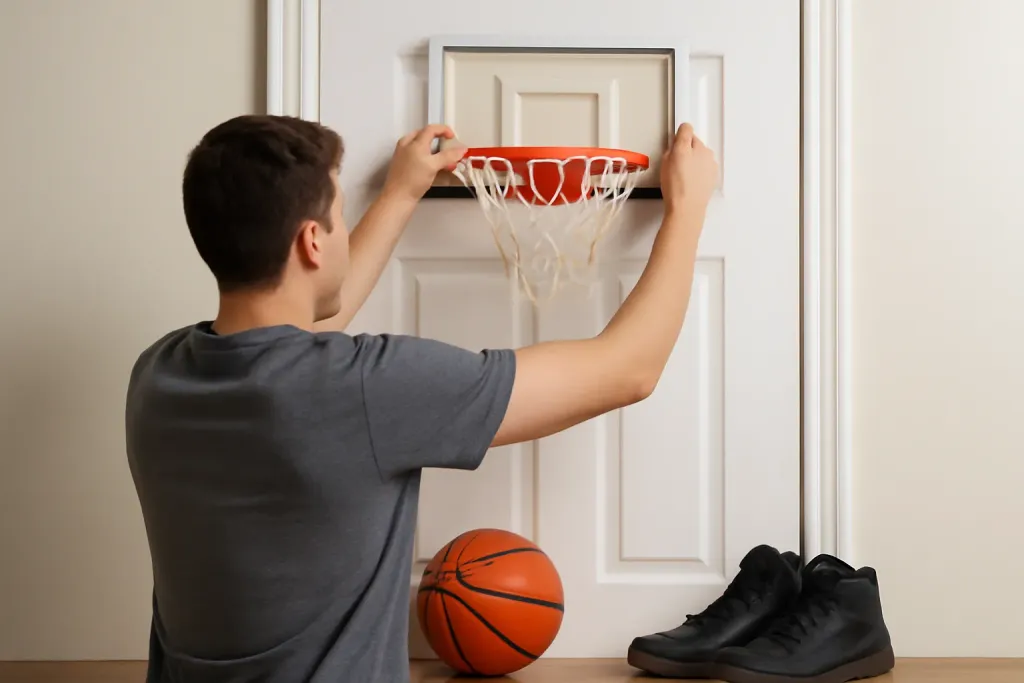 Photo illustrating mini basketball hoop door mounting