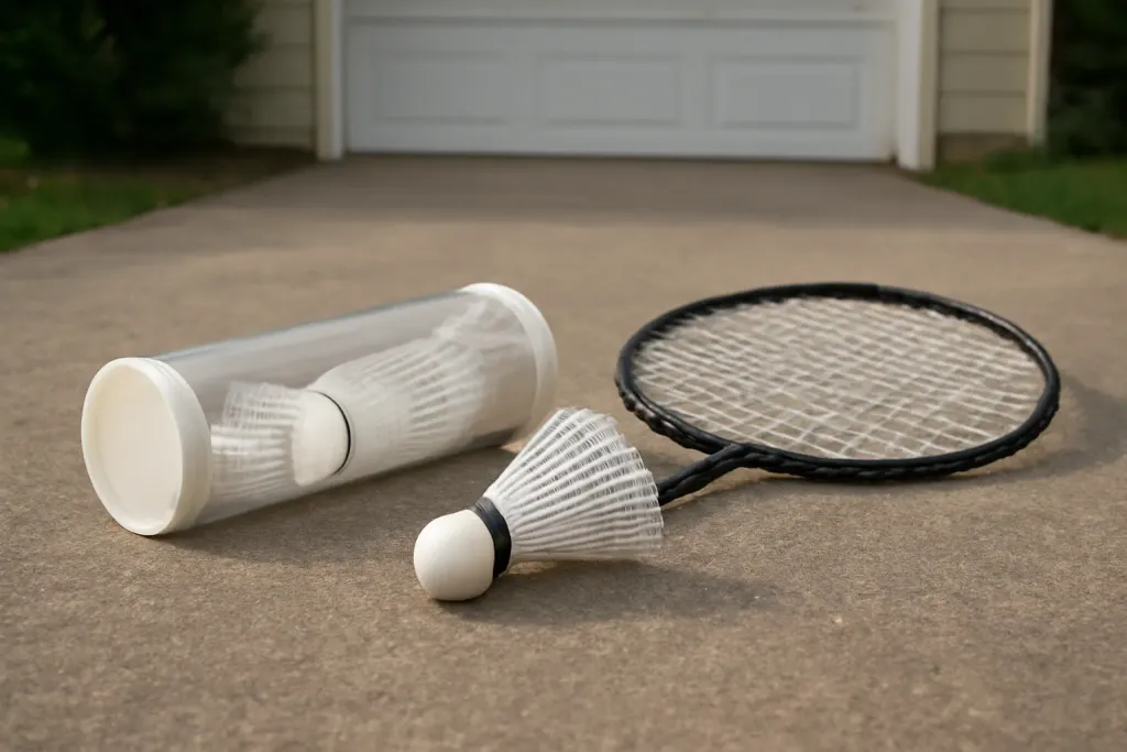 Editorial photograph of a tube of unbranded nylon shuttlecocks resting beside a badminton racket on a driveway
