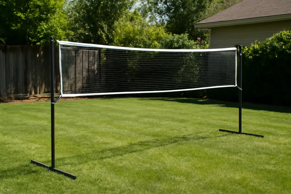 Editorial photograph of a portable badminton net and pole set installed across a backyard lawn on a sunny day