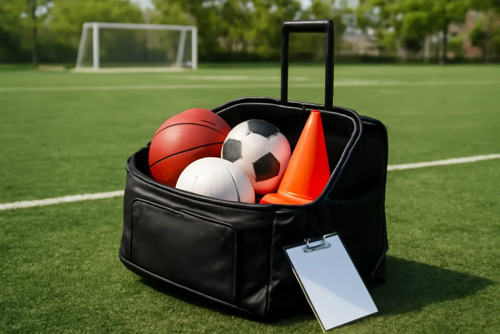 Editorial photograph of an unbranded rolling equipment bag packed with cones, balls, and a clipboard on a school field