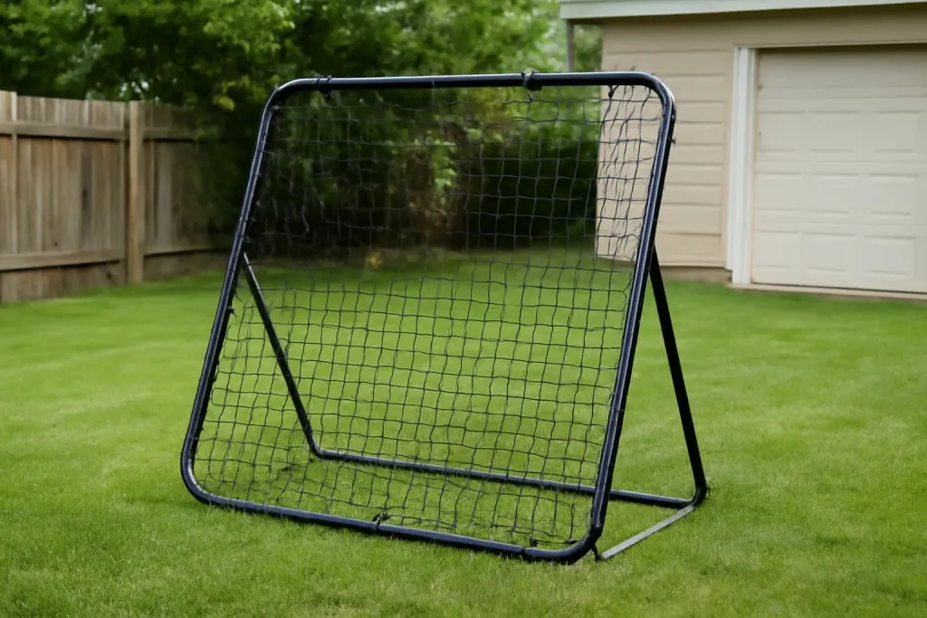 Editorial photograph of a small unbranded portable soccer rebounder net anchored on a backyard lawn
