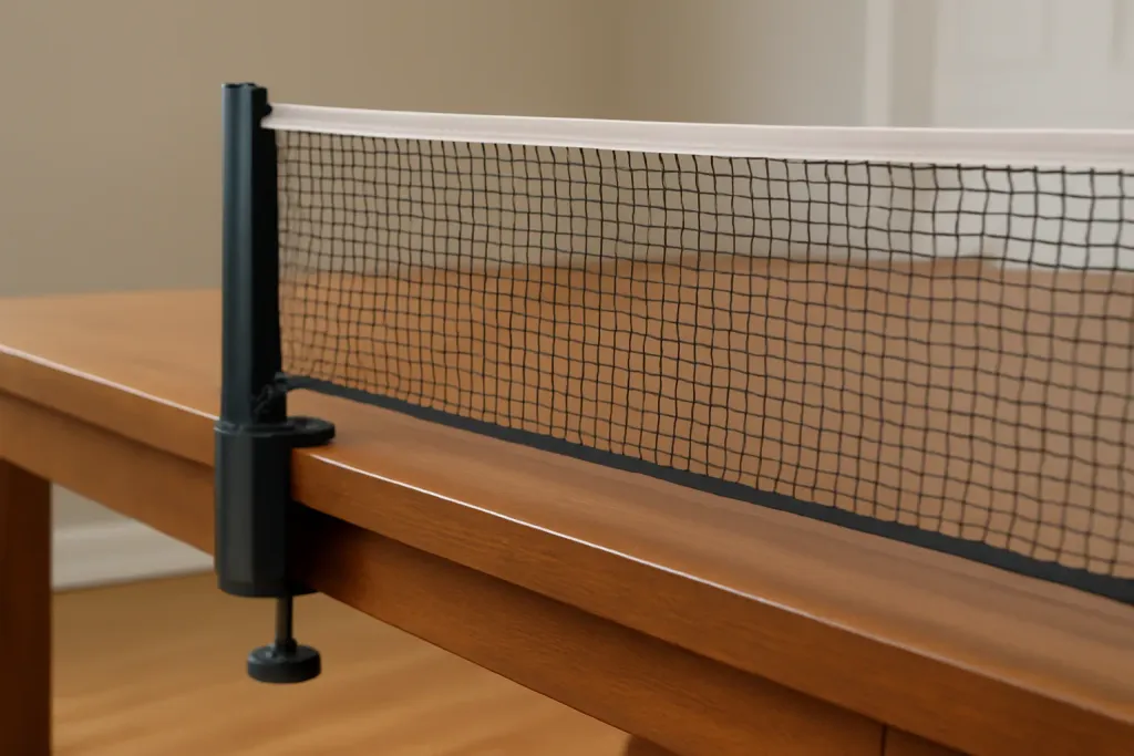 Editorial photograph of an unbranded clamp-on table-tennis net and post set attached to a dining table edge