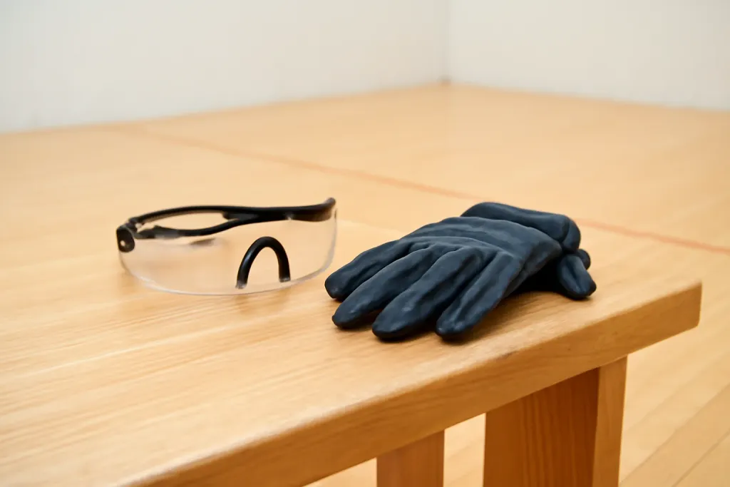Editorial photograph of unbranded racquetball protective goggles and a glove resting on a court bench