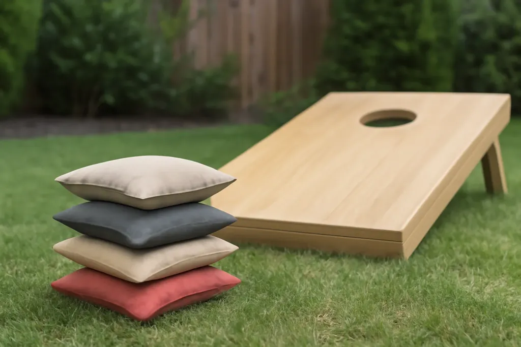 Editorial photograph of a stack of unbranded cornhole bags beside a wooden cornhole board in a backyard