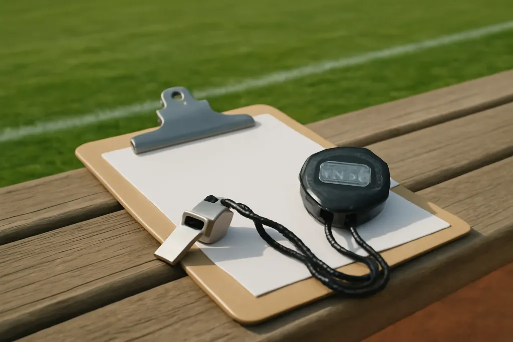 Editorial photograph of an unbranded referee whistle, clipboard, and stopwatch arranged on a bench at a sports field