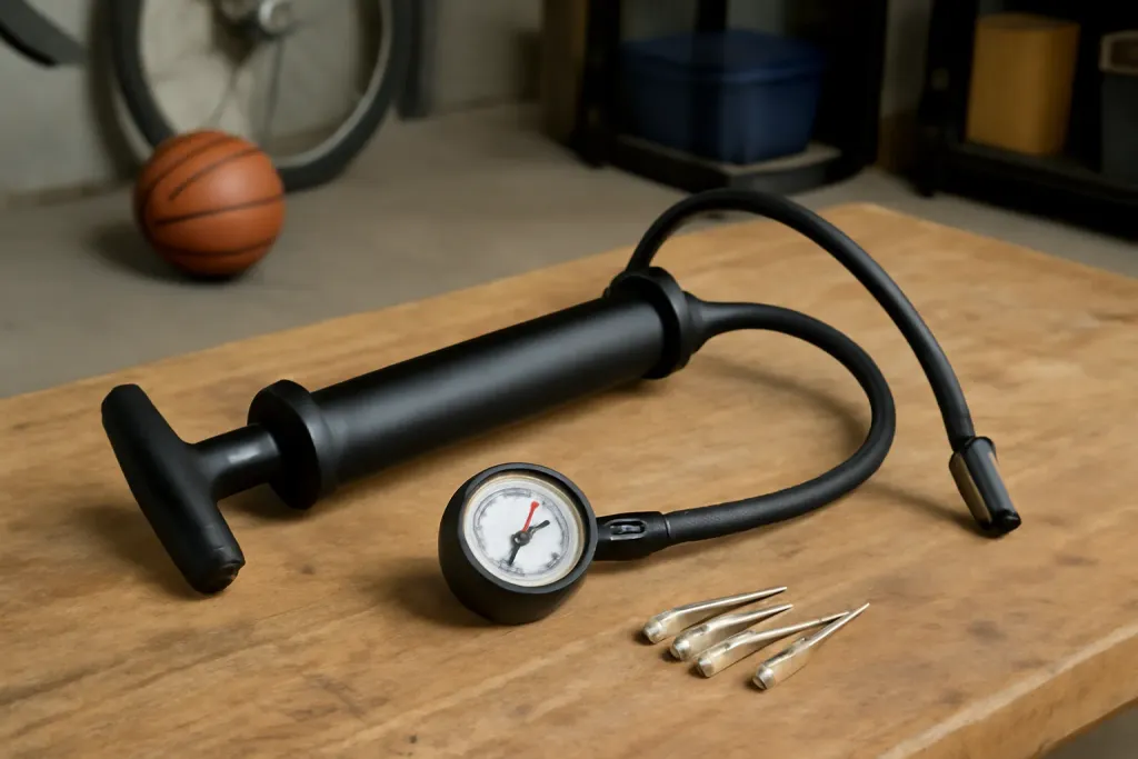 Editorial photograph of an unbranded ball pump with a pressure gauge and several needles laid out on a garage bench