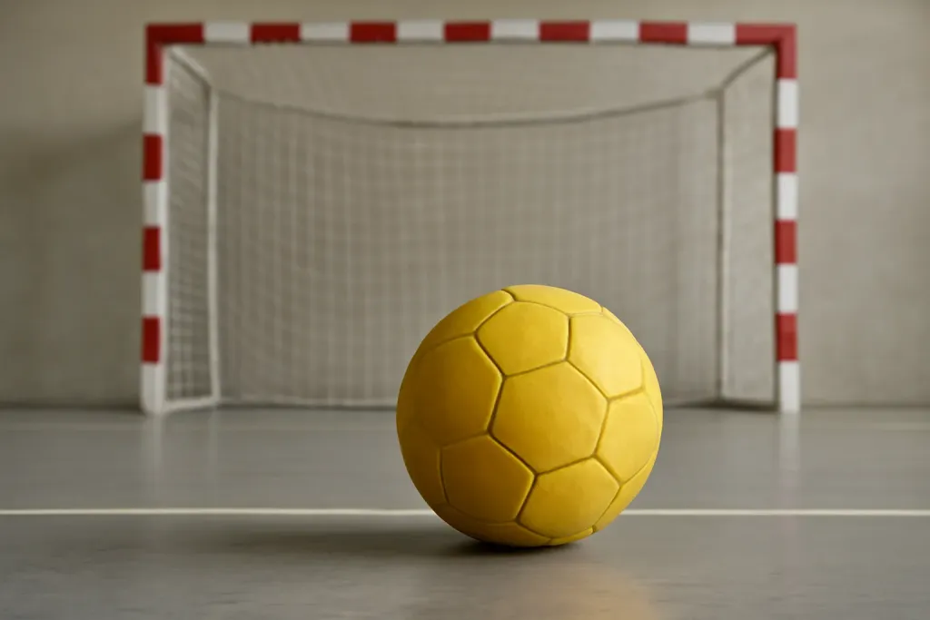 Editorial photograph of an unbranded youth-size team handball resting on a gym floor near a goal