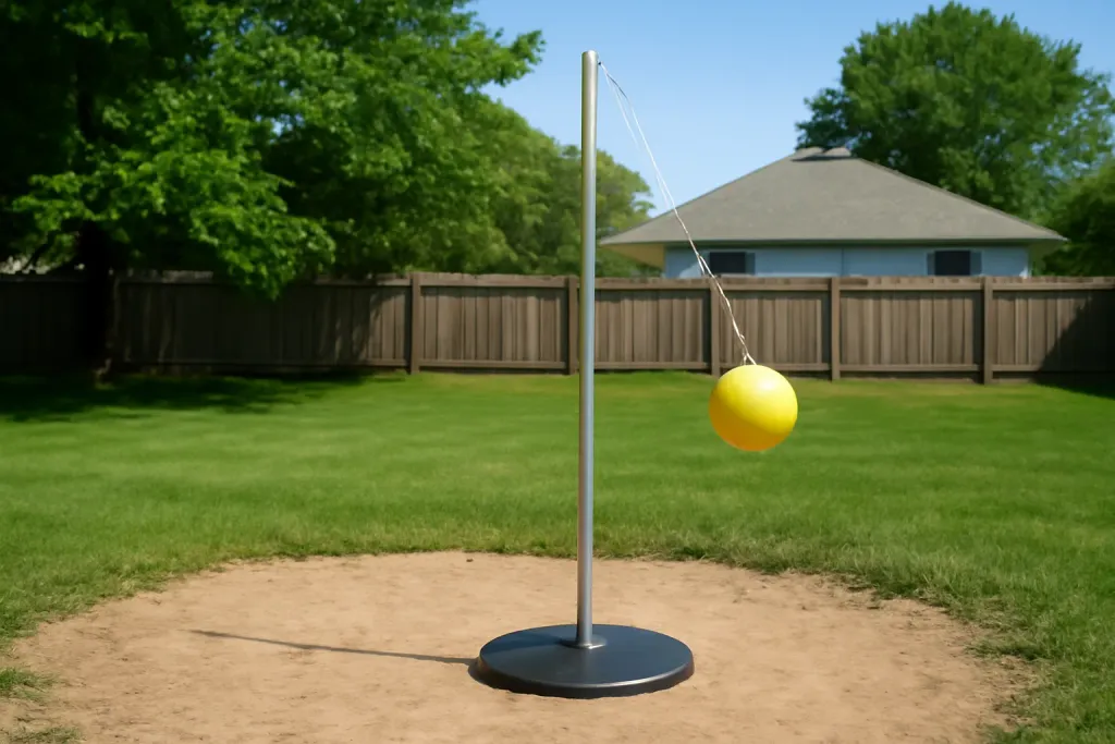 Editorial photograph of an unbranded tetherball pole and ball installed in a backyard play area on a sunny afternoon