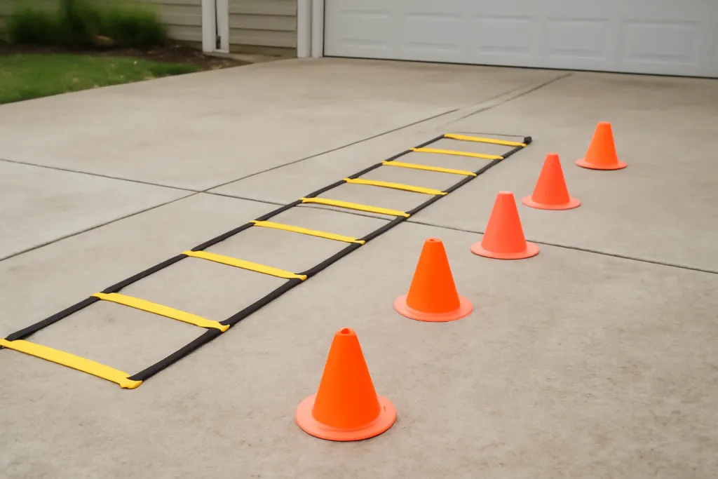 Editorial photograph of an unbranded flat agility ladder laid across a driveway beside a set of small cones