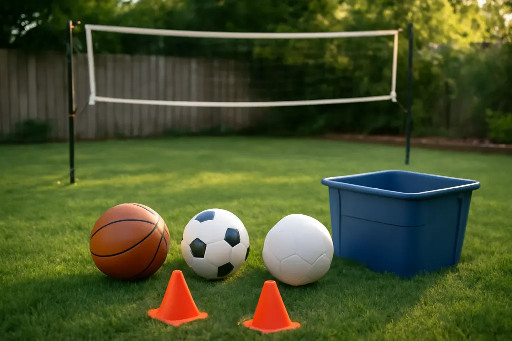 Editorial illustration of a family backyard set up for recreational sports with balls, cones, and a portable net