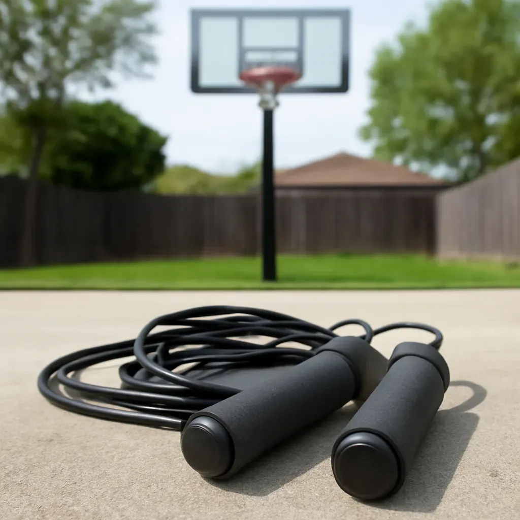 AI-generated editorial product photograph (not the exact linked listing) of adjustable jump rope