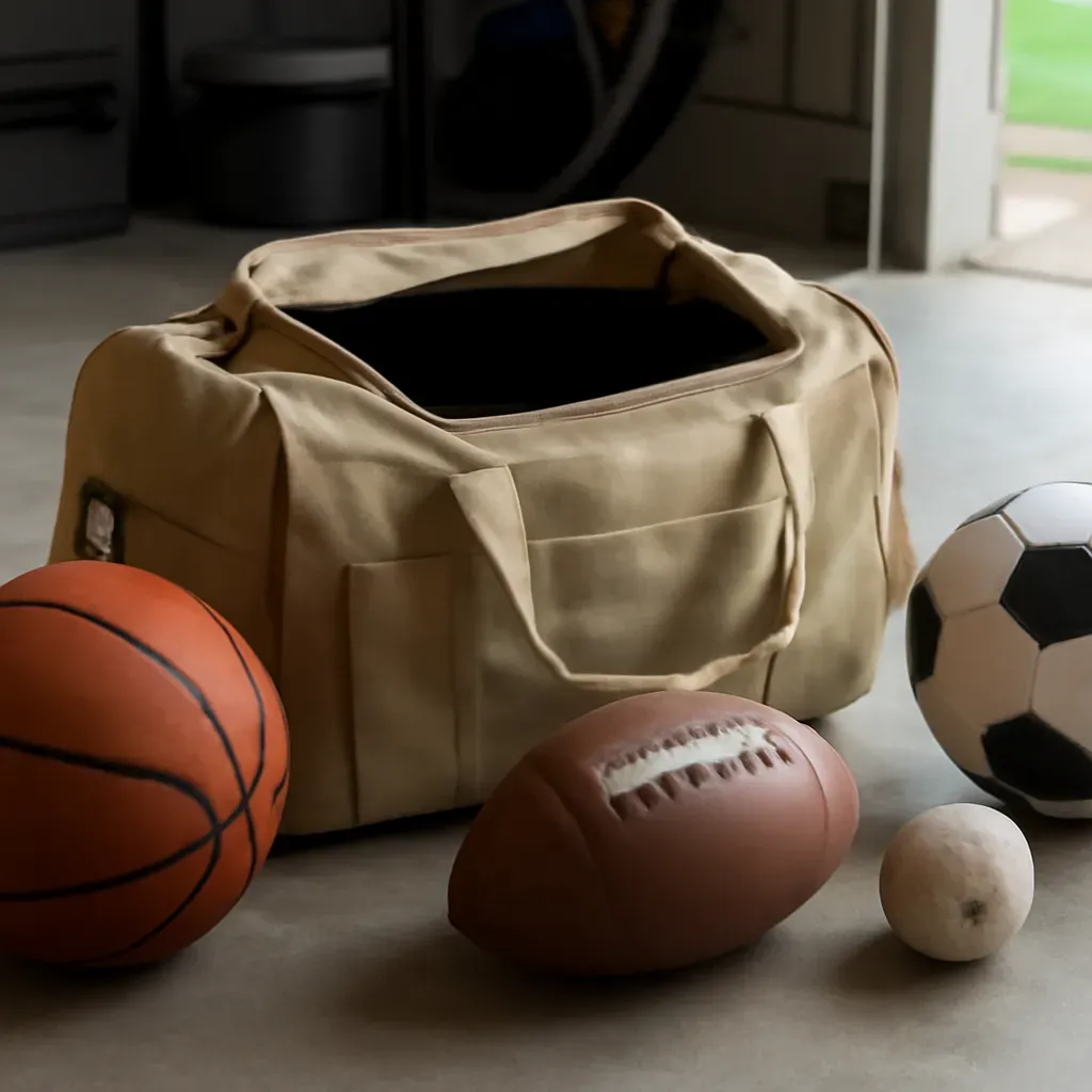 AI-generated editorial product photograph (not the exact linked listing) of all-purpose sports duffel bag