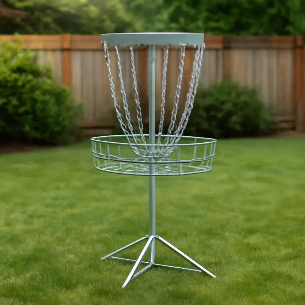 AI-generated editorial product photograph (not the exact linked listing) of backyard disc golf practice target/basket