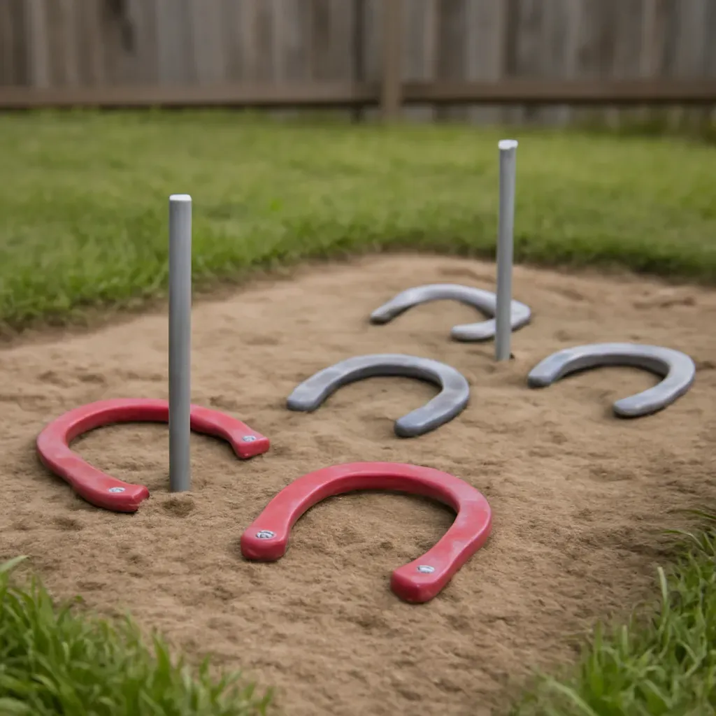 AI-generated editorial product photograph (not the exact linked listing) of backyard horseshoe pitching set