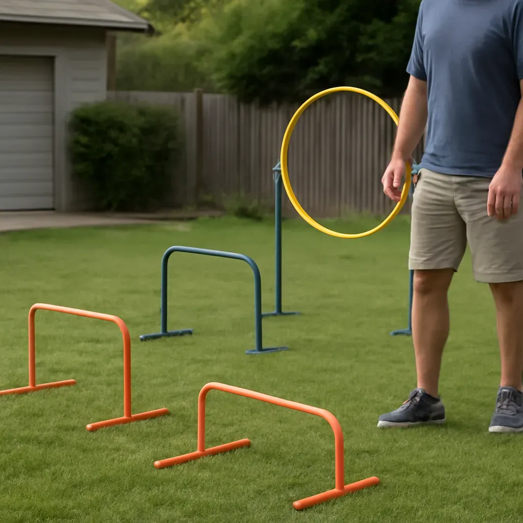 AI-generated editorial product photograph (not the exact linked listing) of backyard obstacle/agility play set for kids