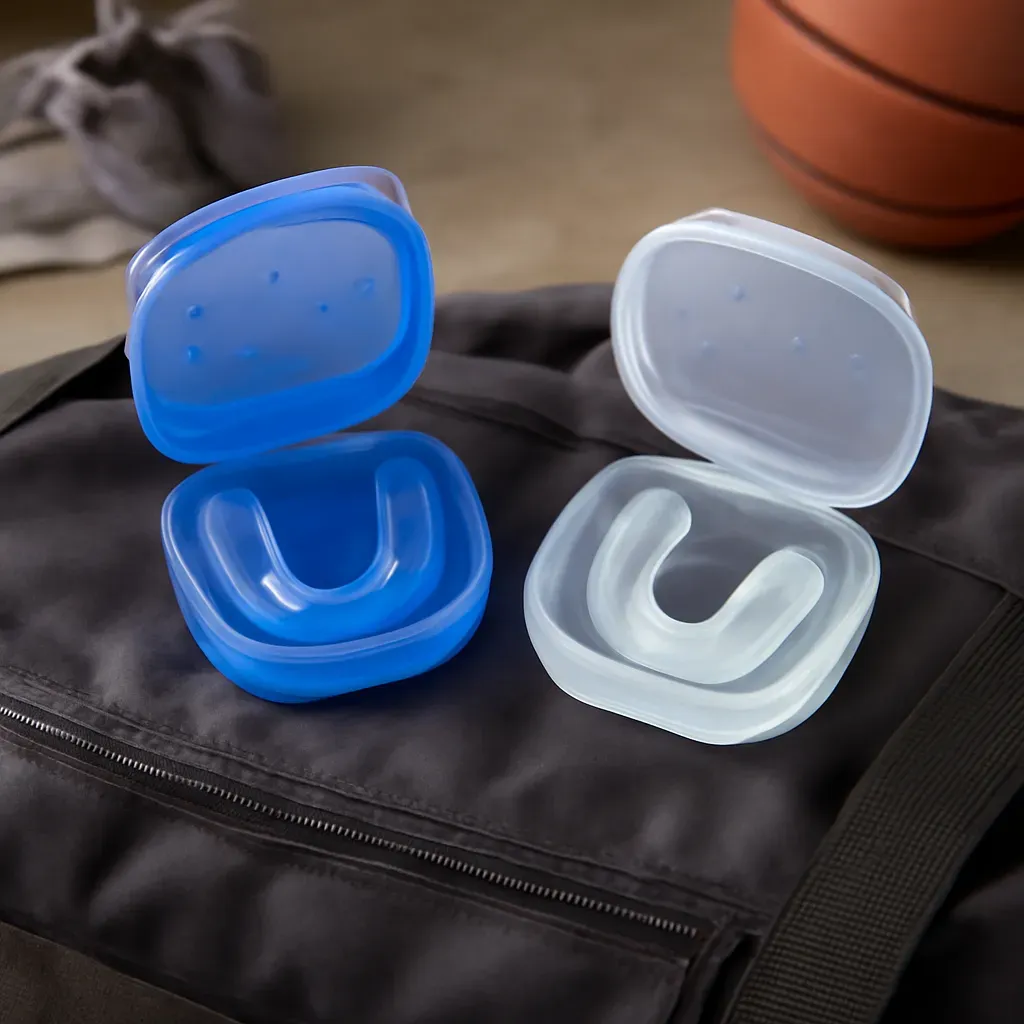 AI-generated editorial product photograph (not the exact linked listing) of basic mouthguard case set