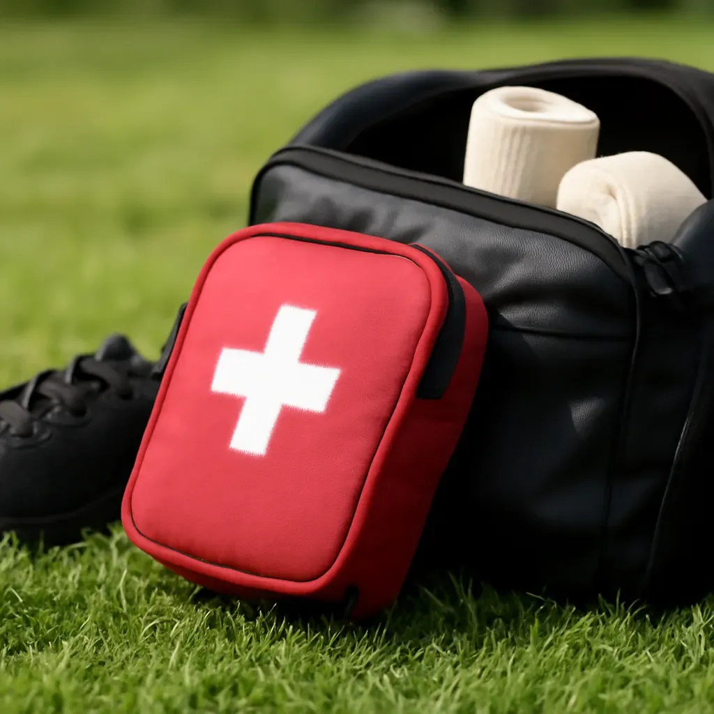 AI-generated editorial product photograph (not the exact linked listing) of basic sports first-aid and safety kit
