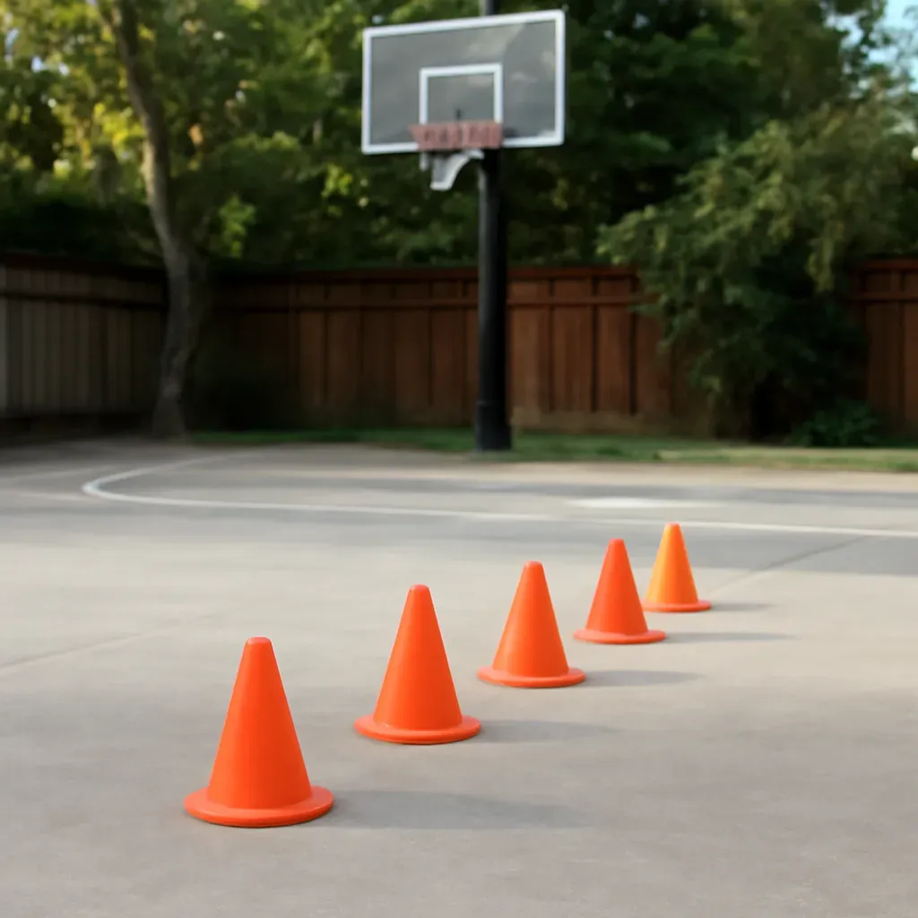 AI-generated editorial product photograph (not the exact linked listing) of basketball dribble/agility training cones