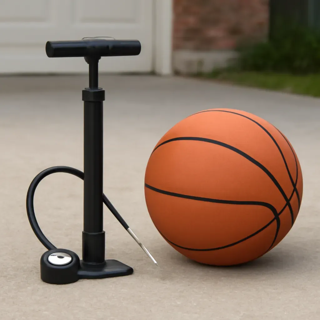 AI-generated editorial product photograph (not the exact linked listing) of basketball pump and pressure gauge set