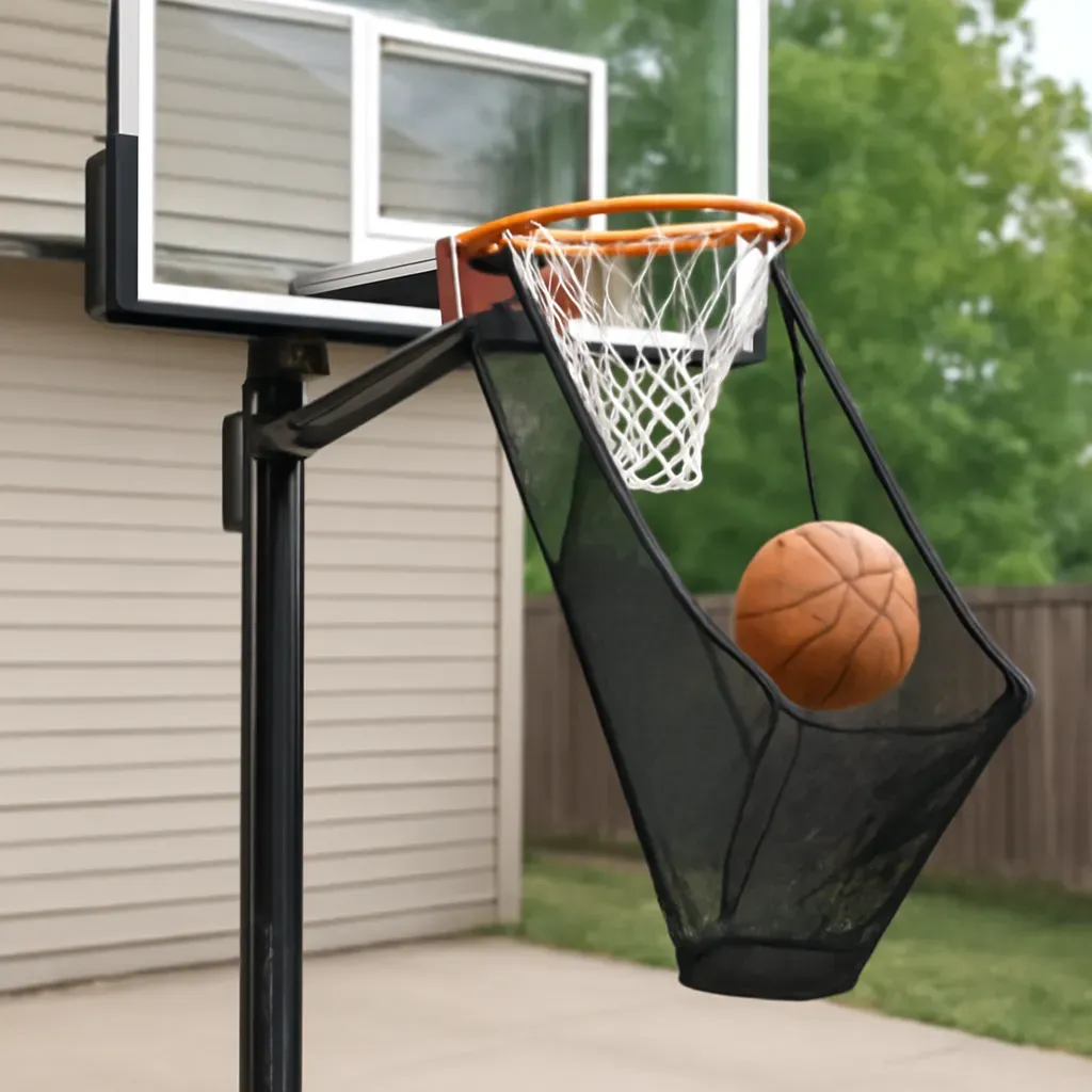 AI-generated editorial product photograph (not the exact linked listing) of basketball return/rebound net for driveway hoop