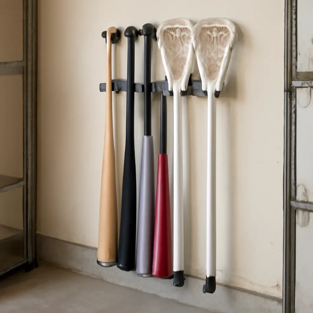 AI-generated editorial product photograph (not the exact linked listing) of bat and stick vertical storage rack