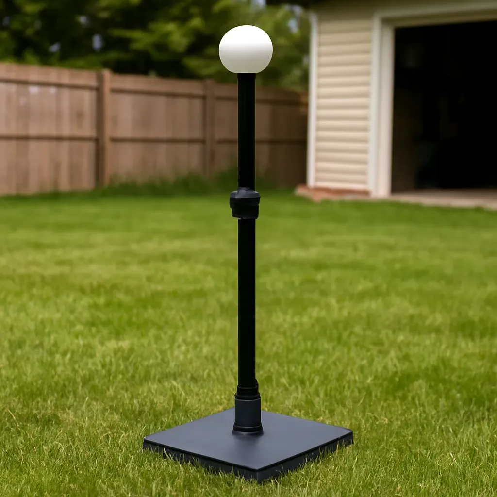 AI-generated editorial product photograph (not the exact linked listing) of beginner batting tee and ball set