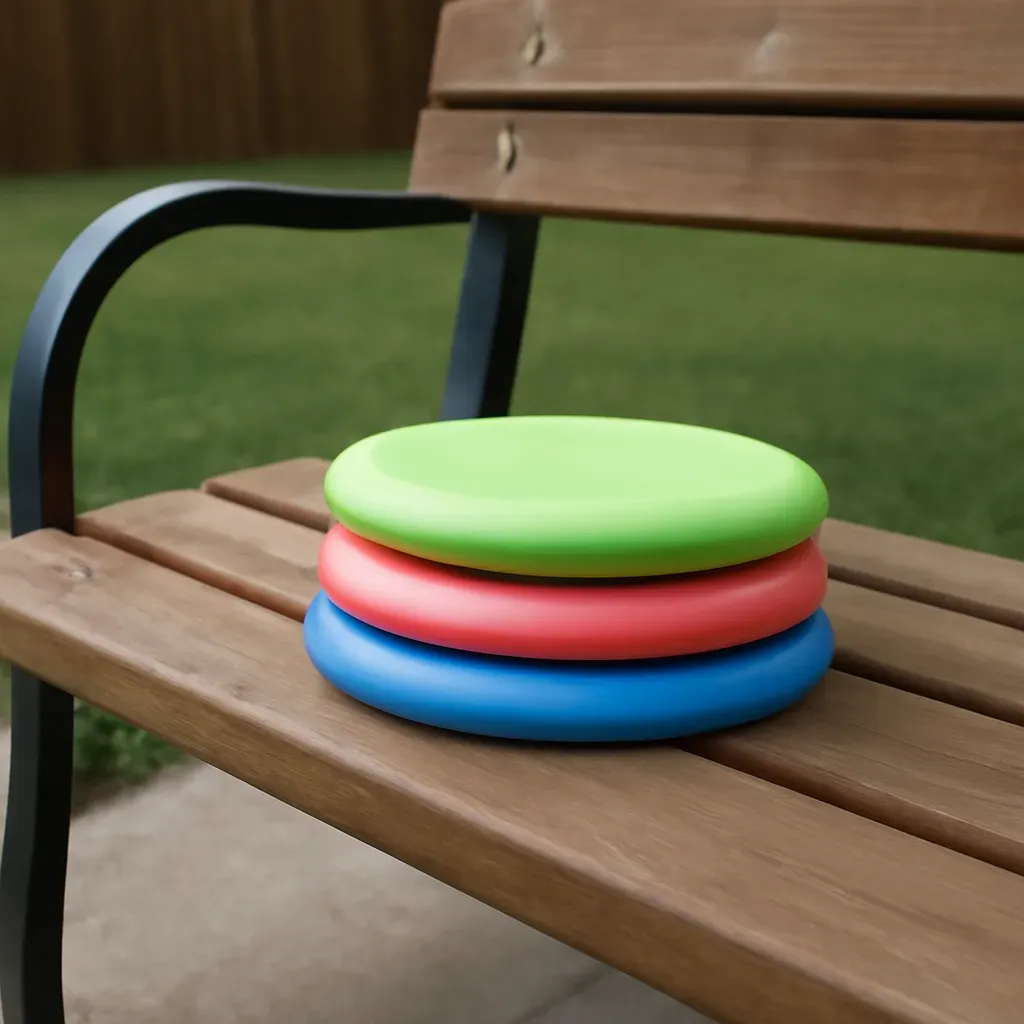 AI-generated editorial product photograph (not the exact linked listing) of beginner disc golf disc 3-pack