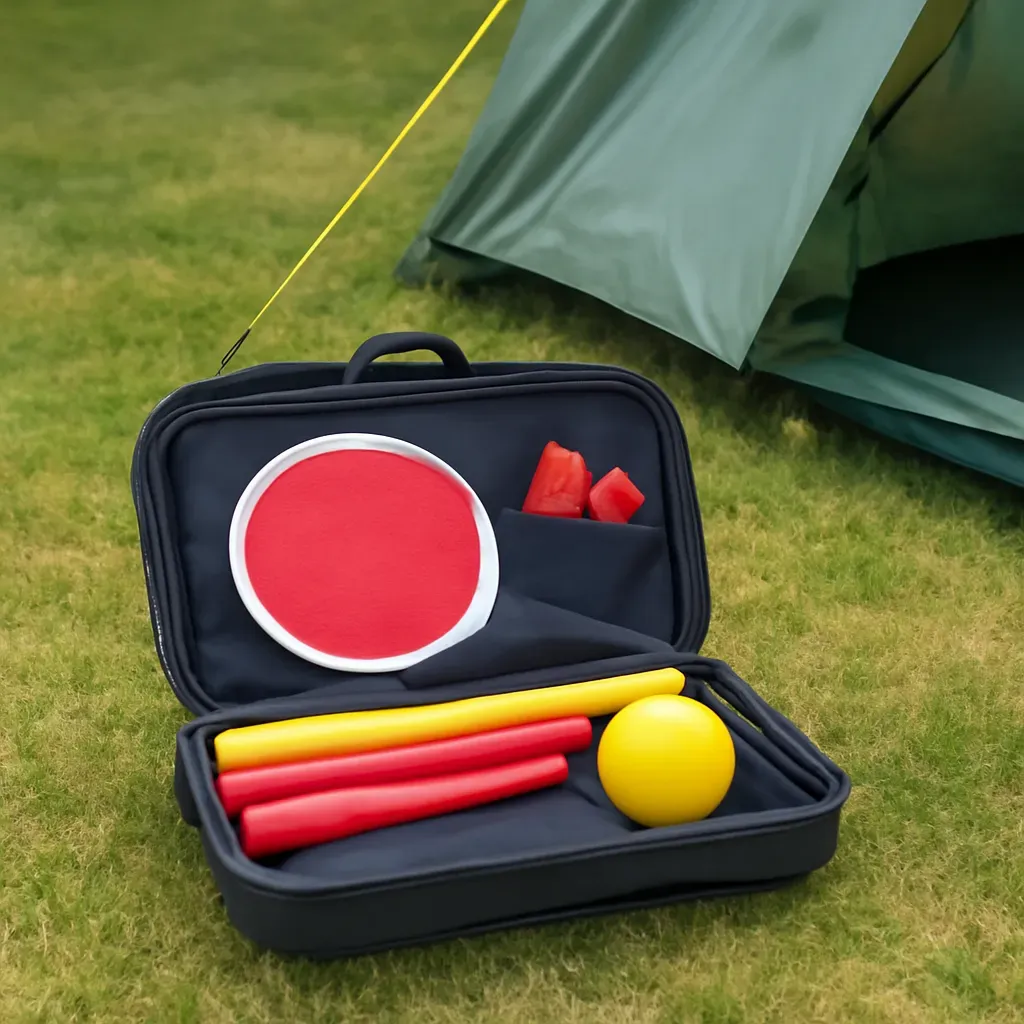 AI-generated editorial product photograph (not the exact linked listing) of camping-ready portable sports game set