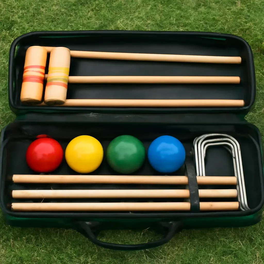 AI-generated editorial product photograph (not the exact linked listing) of croquet set with carrying case