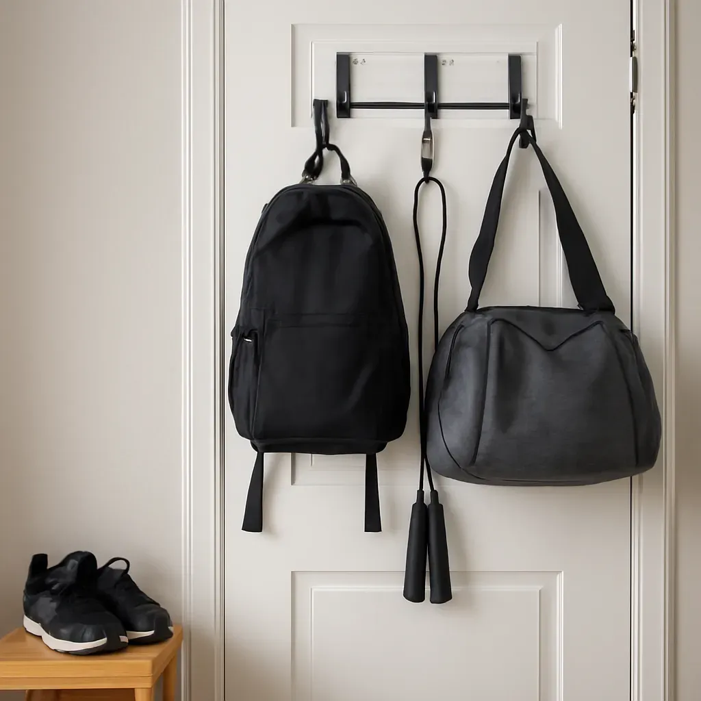AI-generated editorial product photograph (not the exact linked listing) of door-mounted equipment organizer hooks