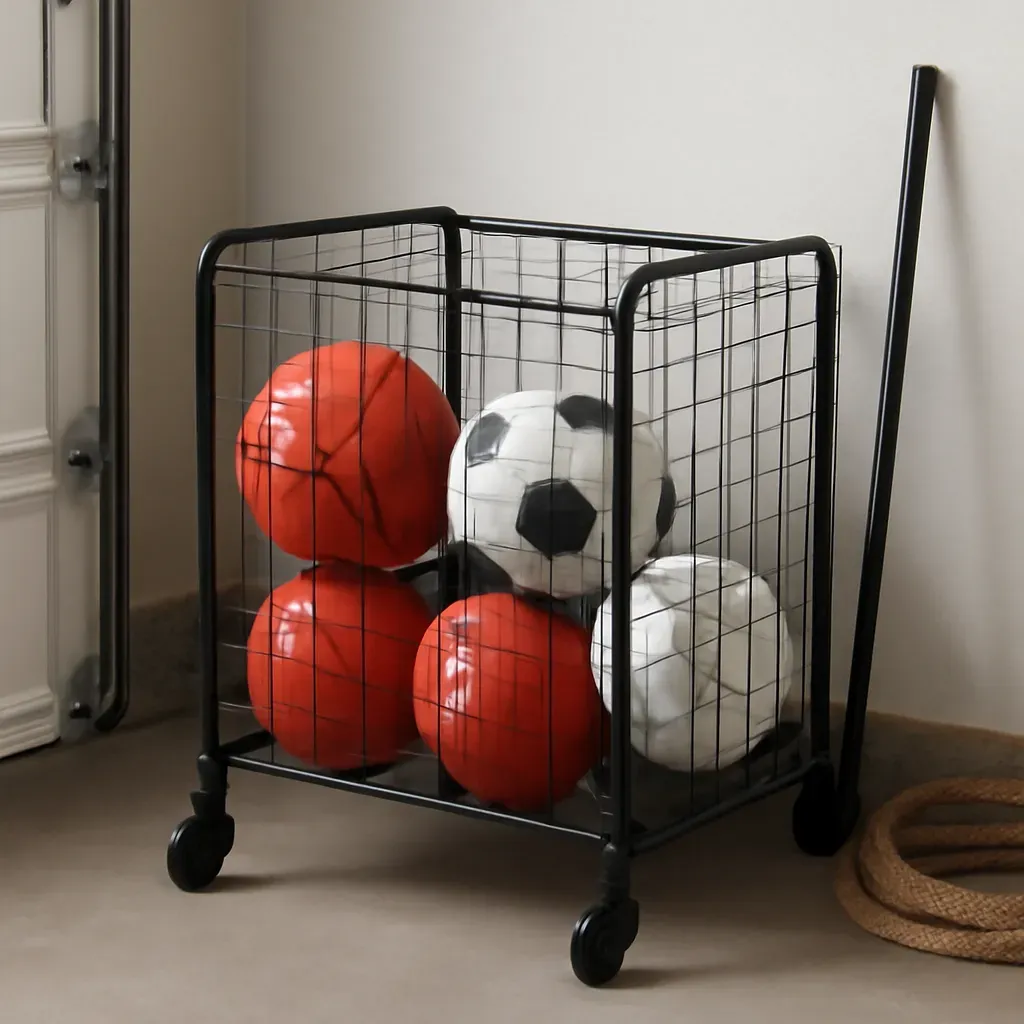AI-generated editorial product photograph (not the exact linked listing) of freestanding ball storage caddy