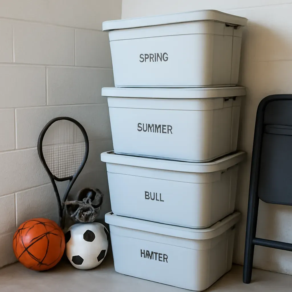 AI-generated editorial product photograph (not the exact linked listing) of garage sports-gear storage bin set