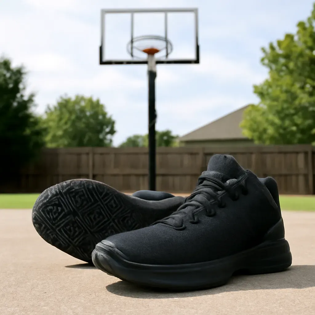 AI-generated editorial product photograph (not the exact linked listing) of high-traction driveway basketball shoes
