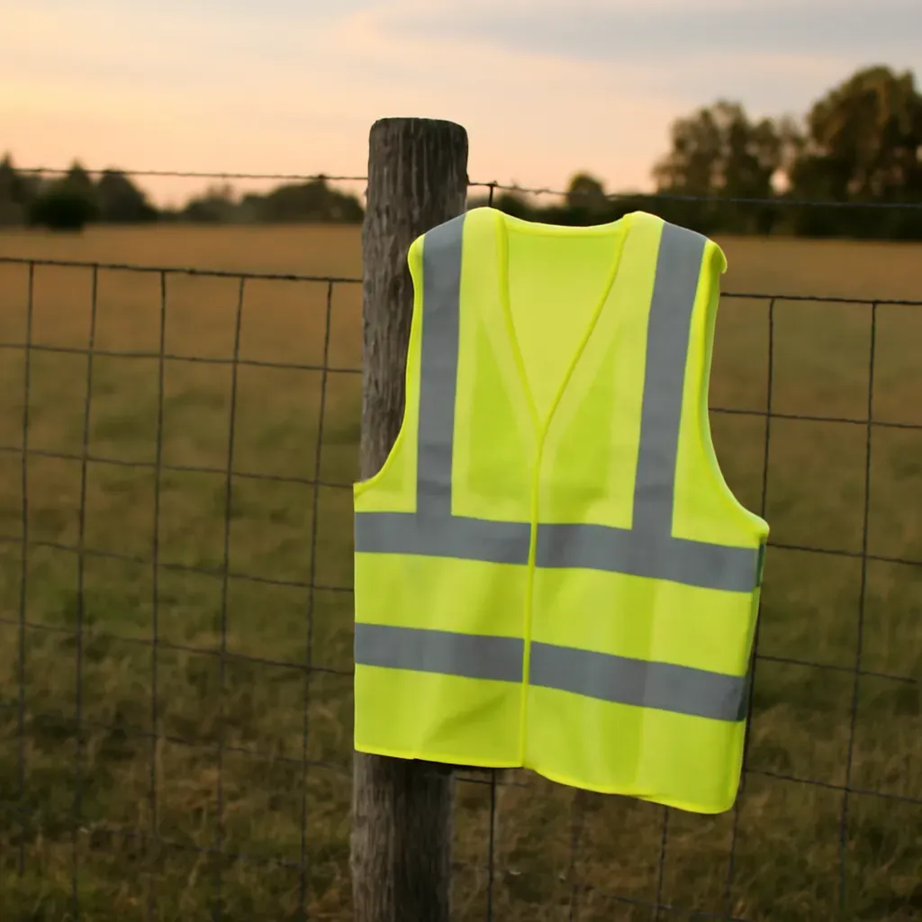 AI-generated editorial product photograph (not the exact linked listing) of high-visibility reflective practice vest