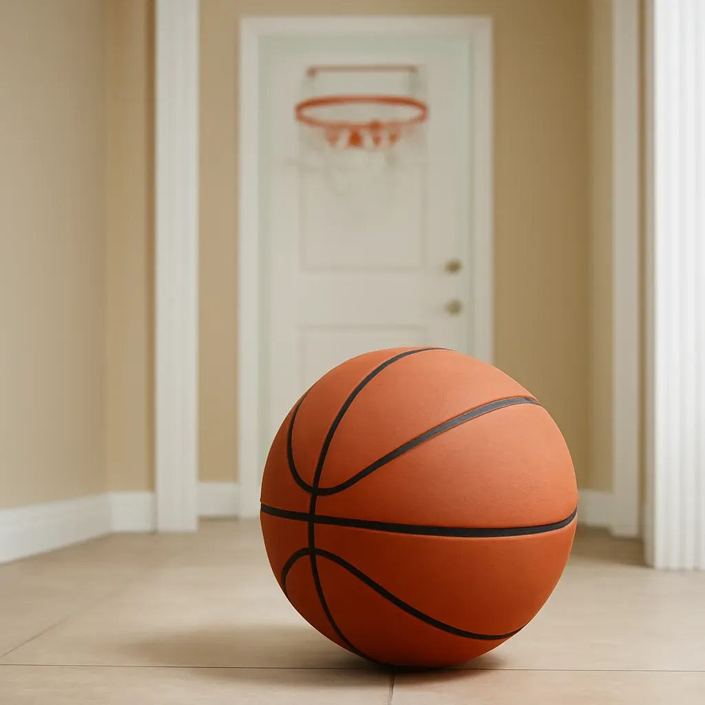 AI-generated editorial product photograph (not the exact linked listing) of indoor low-bounce dribbling training basketball