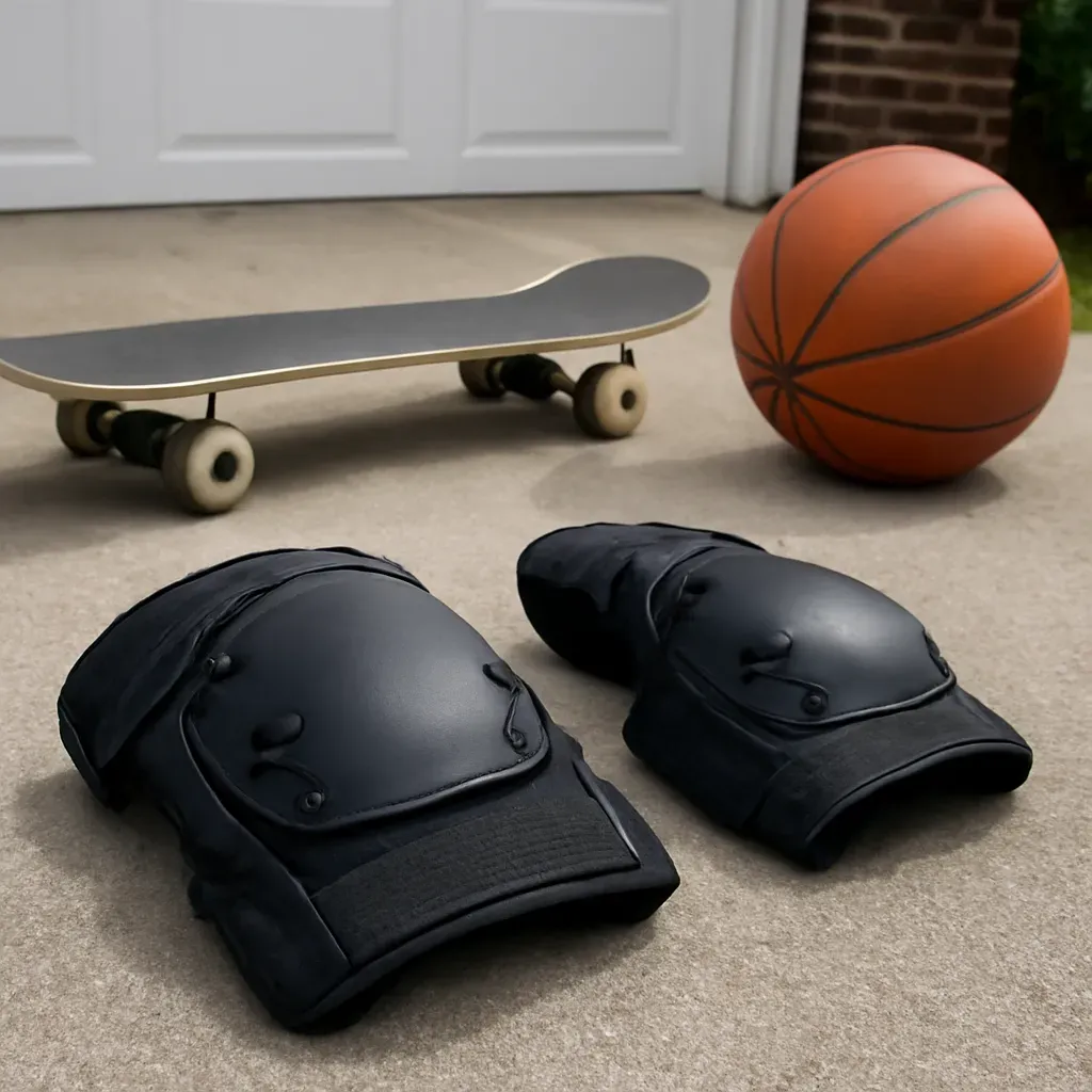 AI-generated editorial product photograph (not the exact linked listing) of knee and elbow pad set (multi-sport)