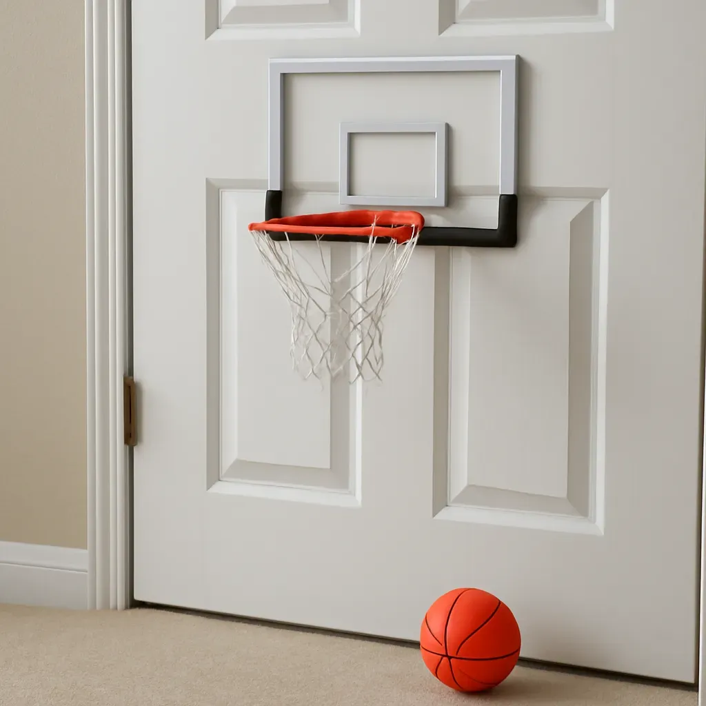 AI-generated editorial product photograph (not the exact linked listing) of mini indoor basketball hoop (over-the-door)