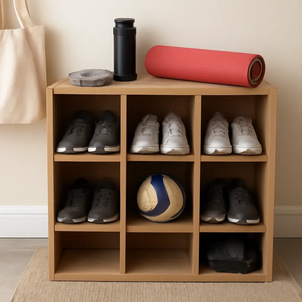 AI-generated editorial product photograph (not the exact linked listing) of mudroom sports-gear cubby organizer