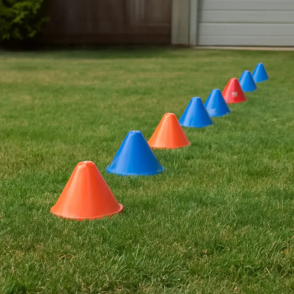 AI-generated editorial product photograph (not the exact linked listing) of multi-sport cone marker set