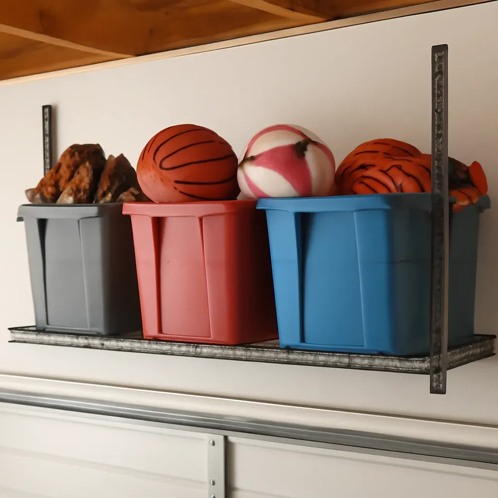 AI-generated editorial product photograph (not the exact linked listing) of overhead garage storage rack for seasonal gear
