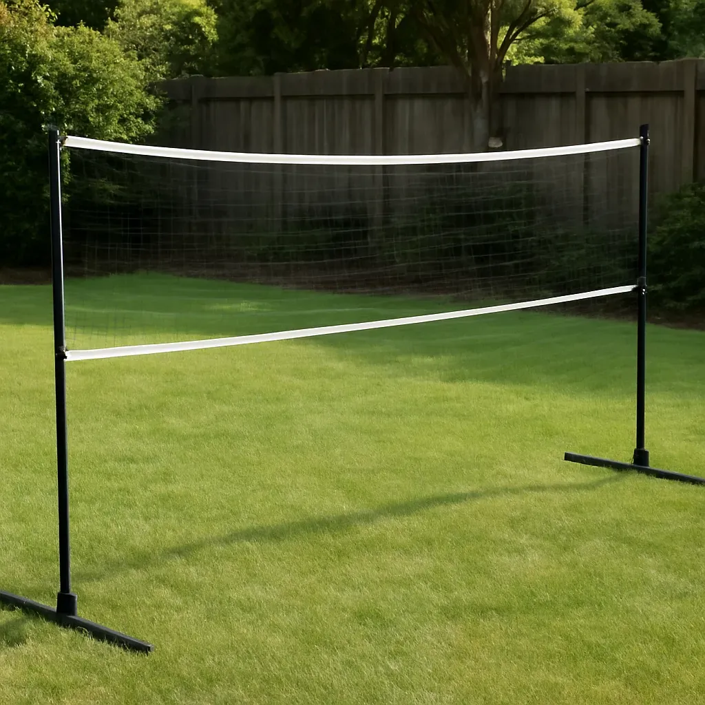 AI-generated editorial product photograph (not the exact linked listing) of portable badminton net and pole set