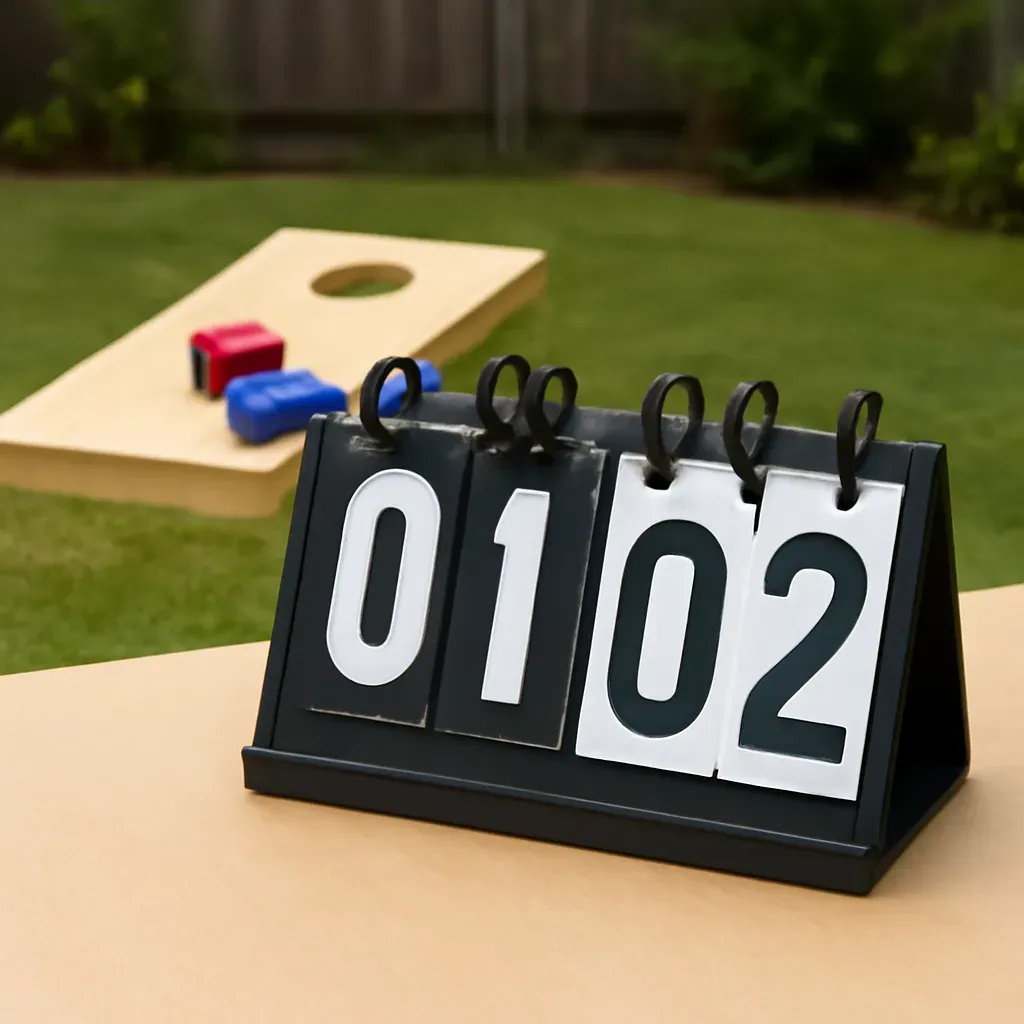 AI-generated editorial product photograph (not the exact linked listing) of portable scoreboard for backyard games